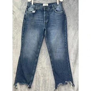 We The Free Maggie Mid Rise Button Fly Straight Ankle Jeans Raw‎ Cuff Blue Sz 28